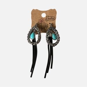 NWT Justin Silver Teardrop & Suede Fringe Turquoise Drop‎ Earrings Boho Western